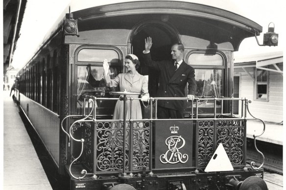 The Queen and Prince Philip on the royal train at Central Station in 1954.