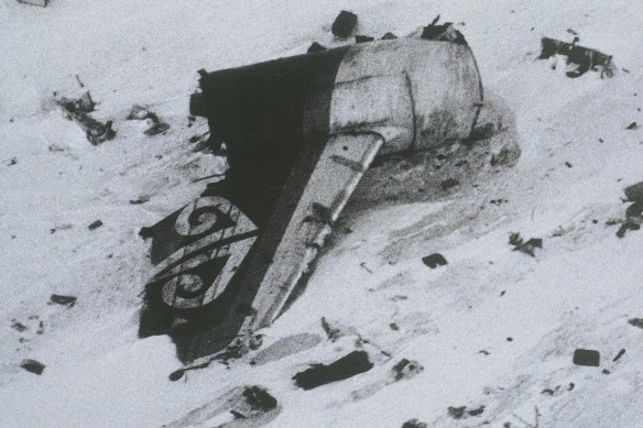 The tail section of an Air New Zealand DC10 plane is seen after it crashed into Mount Erebus in Antarctica in 1979.