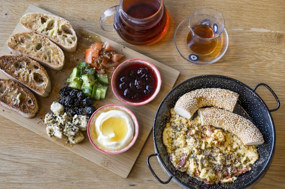 Olives, feta and salad for breakfast Turkish-style.