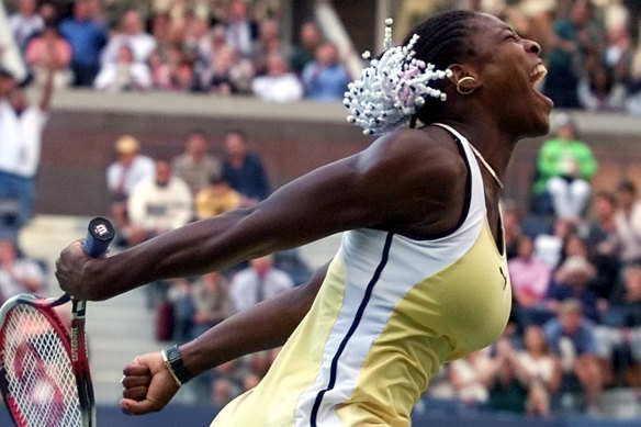 A jubilant Serena Williams after beating Lindsay Davenport en route to winning the 1999 US Open.
