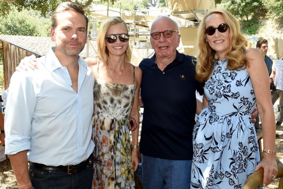 Happier times: Lachlan and Sarah Murdoch with Rupert Murdoch  and Jerry Hall at a family lunch in Bel Air in 2019.