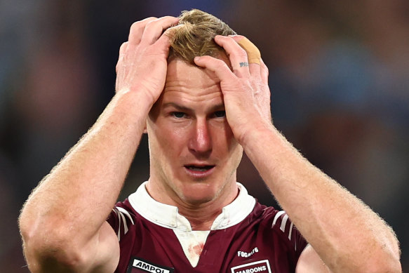 Maroons skipper Daly Cherry-Evans reacts at full-time.