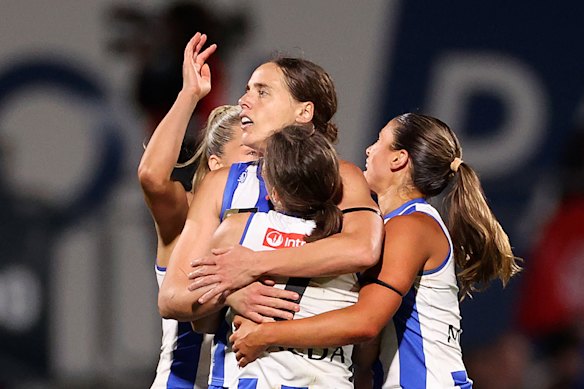 Jasmine Garner of the Kangaroos celebrates a goal.