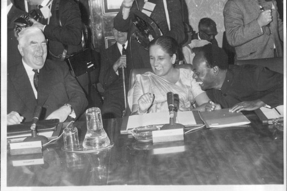 Sirimavo Bandaranaike, Prime Minister of Ceylon, and Sir Robert Menzies at the Commonwealth Conference at in 1964.