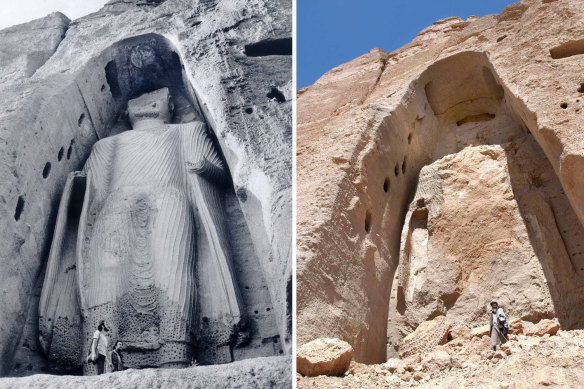 Before and after: The  shell of the destroyed Buddha statue in Bamiyan. On the left is the statue in 1977.