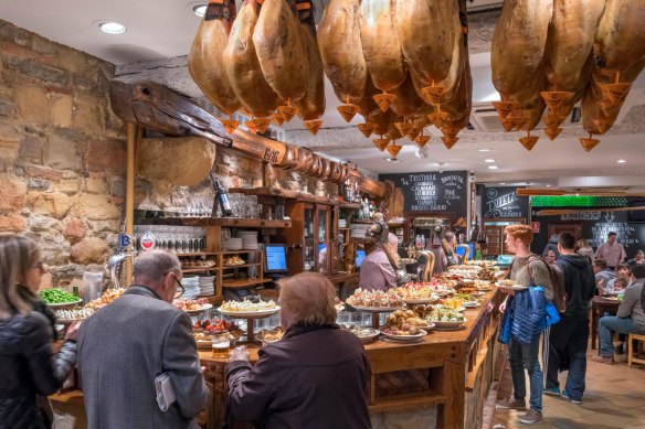 A pintxos (tapas) bar in the Casco Viejo (Old Town) of San Sebastian, Spain.