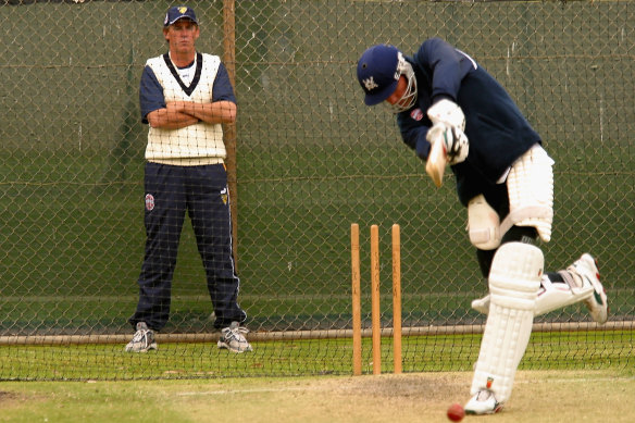 Then Victoria coach Hookes watched on as Nick Jewell batted in the nets in 2002.