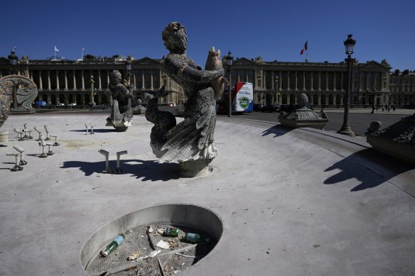 The fountains of Concorde plaza are empty in Paris, France, as Europe is under an extreme heat wave in August 2022. 