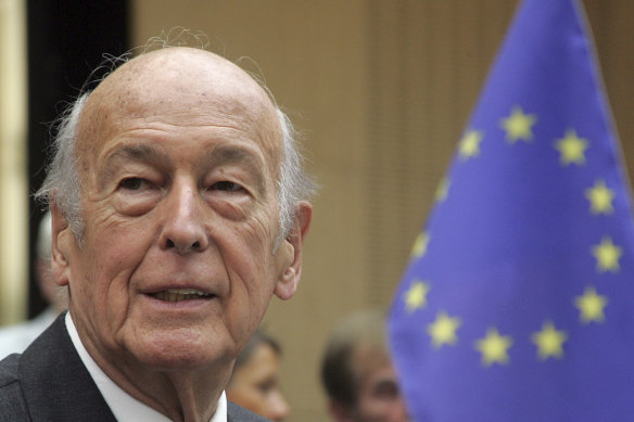 Former French President Valery Giscard d'Estaing, with an EU Flag at right, attends the debate of the new European constitution at the German Upper House Bundesrat in Berlin.