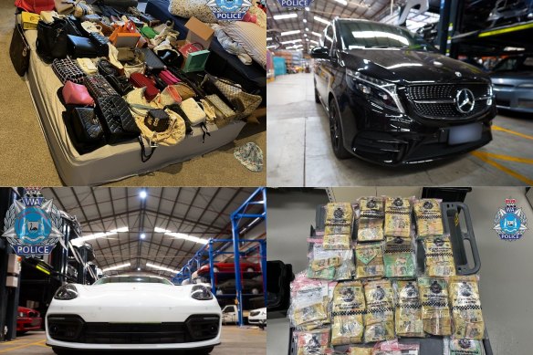 Luxury cars, cash and handbags were seized by WA Police as part of an investigation into an alleged money-laundering scheme.