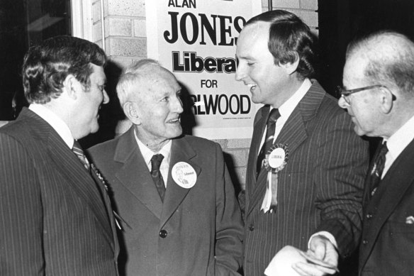 Alan Jones’ trade unionist father Charlie (centre), was a proud supporter during his son’s failed bid as Liberal candidate for the NSW seat of Earlwood in 1978.  