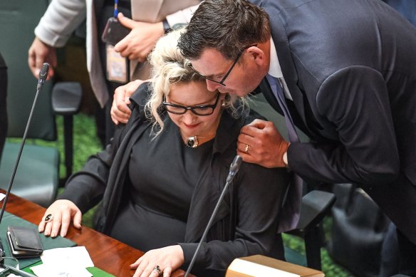 Daniel Andrews congratulates health Minister Jill Hennessy on the passing of the assisted dying bill in the lower house in October 2017.