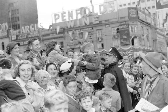 So keen was three-year-old Geoffrey Cowie, of Wangaratta, Victoria, to see the Queen in Melbourne on February 28, 1954, that he crawled away from his parents through the crowd to a point in front of the barricade. But First Constable G. Walker thought young Geoffrey would be better with his mother.