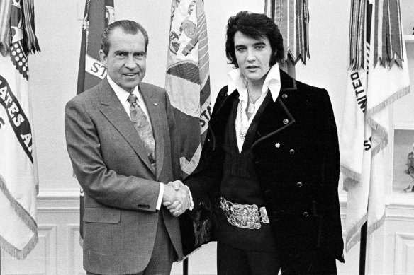 Then US president Richard Nixon meets with Elvis Presley at the White House on December 21, 1970.