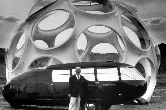 Buckminster Fuller with a geodesic dome.