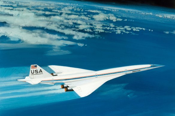 A rendering of the Boeing 2707 supersonic jet. Production was cancelled in 1971 before a prototype was produced.