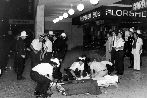 Emergency crews at the scene of the Sydney Hilton bombing in 1978.