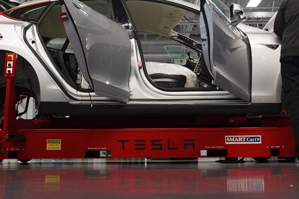The Tesla Model S on the assembly line at the company’s factory in Fremont, California.
