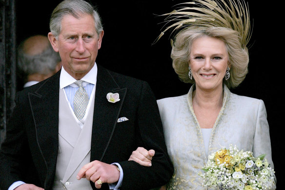 Charles and his bride Camilla leave St George’s Chapel in Windsor after their wedding on April 9, 2005.