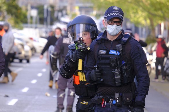 Police and protesters in the city last week. 