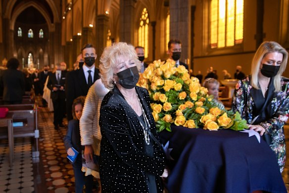 Bert Newton’s wife Patti and daughter Lauren at the show business icon’s state funeral this morning.