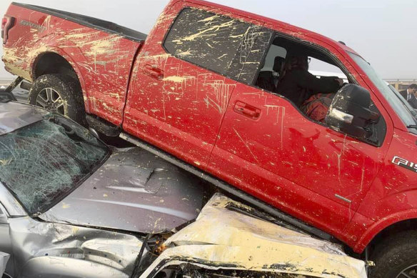 Cars are piled on top of one another following a multi-vehicle pileup on Interstate 64 in Virginia on Sunday.