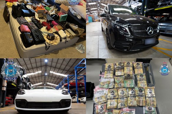 Luxury cars, cash and handbags were seized by WA Police as part of an investigation into an alleged money-laundering scheme.
