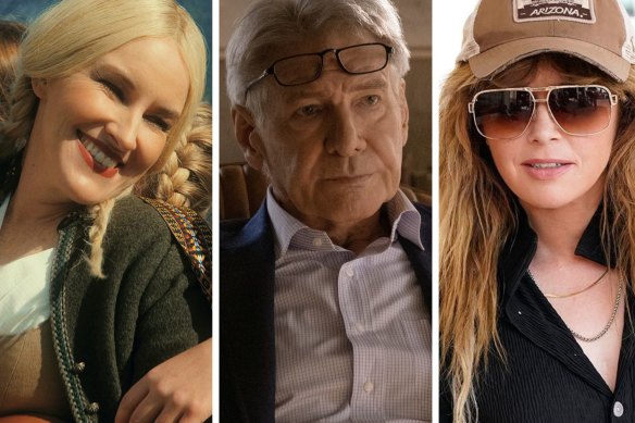 Top streaming in January (from left): Kate Mulvany in Hunters, Harrison Ford in Shrinking and Natasha Lyonne in Poker Face