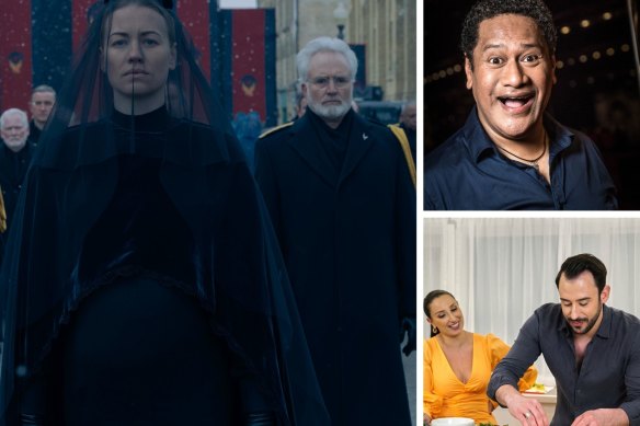 Clockwise from main: Yvonne Strahovski in The Handmaid’s Tale; Jay Laga’aia in Lost for Words; Dishing It Up.