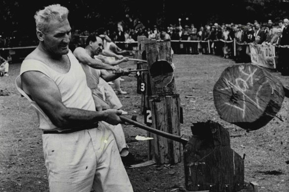 Senior Constable and axeman Jack O’Toole finishes his stroke during the first heat of the standing block chop in Sydney’s Hyde Park in 1968.