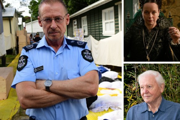 Clockwise from main: Richard Roxburgh as former Australian Federal Police officer Graham Ashton in Bali 2002; The Serpent Queen; David Attenborough. 