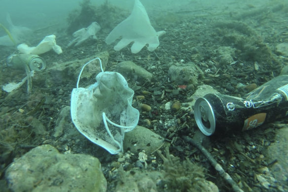 Plastic gloves and face masks and other wastes off Antibes, southern France, in late May. Environmental group Operation Clean Sea found virus-era detritus littering the Mediterranean floor near the French Riviera.