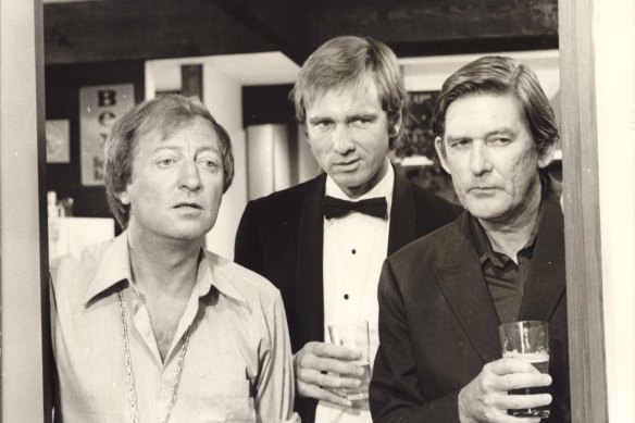 Graham Kennedy, John Hargreaves and Ray Barrett in the 1976 Adams-produced movie, Don’s Party.