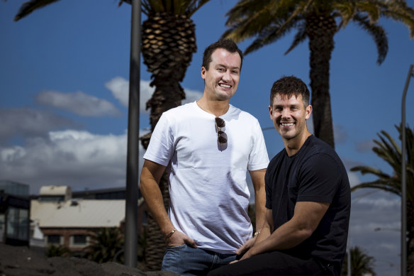 Bondi Sands founders Shaun Wilson and Blair James at Port Melbourne beach.
