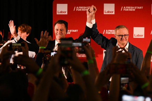 Labor leader Chris Minns and Prime Minister Anthony Albanese celebrate with supporters at the Novotel Hotel in Brighton-Le-Sand.