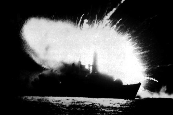 The British frigate HMS Antelope explodes in San Carlos Bay in the Falklands War in 1982.