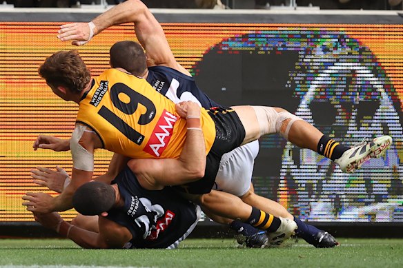 Jacob Weitering was seriously injured in this fall in the state of origin match in Perth.