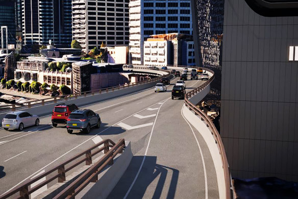 An artist’s impression of a planned on-ramp from Pyrmont to the Western Distributor motorway in central Sydney.