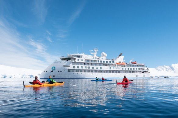 Antarctic kayaking off Aurora Expeditions’ Greg Mortimer.