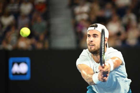 Australian Open day 9. Men’s Singles Quarterfinal- Karen Khachanov ( white cap ) v Sebastian Korda ( yellow top )  on day 9 of the Australian open. 2023. 