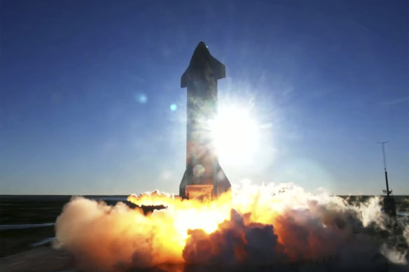 In this screen grab from video posted by SpaceX, the company's Starship launches for a test flight,.