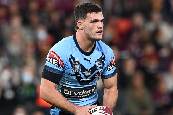 Nathan Cleary had strapping from his right shoulder visible from underneath his jersey for the second half of the game at Suncorp Stadium.