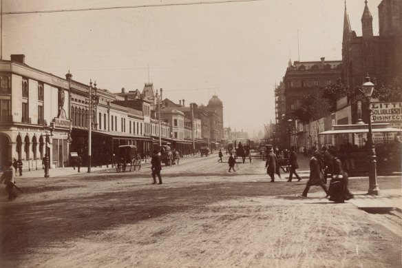 Swanston Street, Melbourne, c.1880: At the corner of Flinders Street and Swanston Street, Melbourne. 