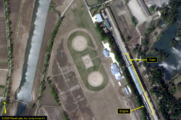 A satellite image provided by Planet Labs and annotated by 38 North, a website specialising in North Korea, shows the Leadership Railway Station in Wonsan. North Korean leader Kim Jong-un's train has been parked at the station since at least April 21.