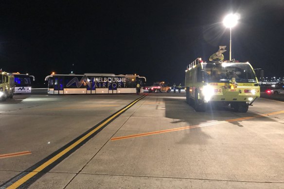 An emergency vehicle on the tarmac at Melbourne Airport after Manodh Marks  threatened those on Malaysia Airlines Flight MH128.