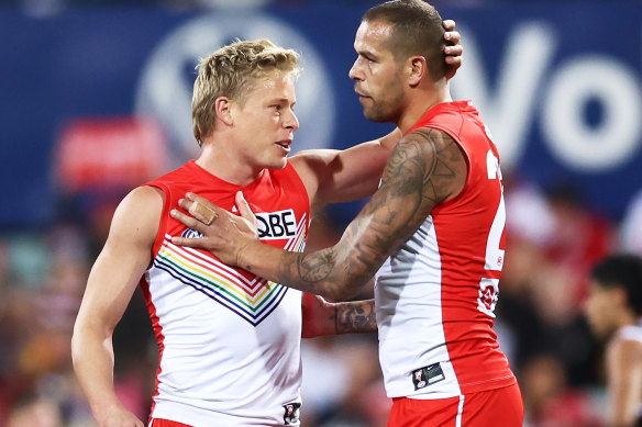 Isaac Heeney celebrates with Lance Franklin.