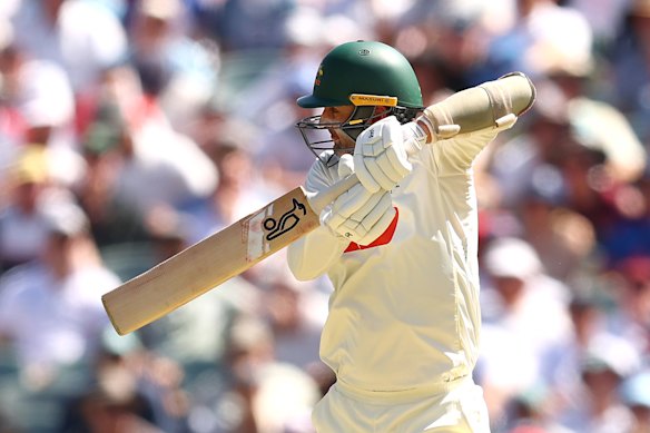 Nathan Lyon of Australia bats during day two.