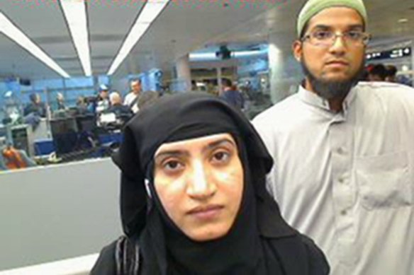 Tashfeen Malik and Syed Farook, as they passed through O’Hare International Airport in Chicago, in 2014. 