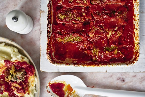 Italian-style stuffed cabbage in tomato sauce.