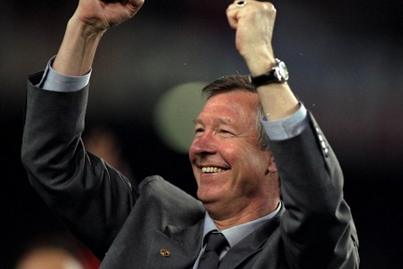 Manchester United manager Alex Ferguson celebrates as United beat Bayern Munich in the Champions League final in Barcelona in 1999.